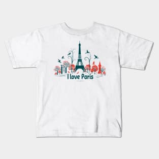 I love Paris: eiffel tower silhouette with trees and birds Kids T-Shirt